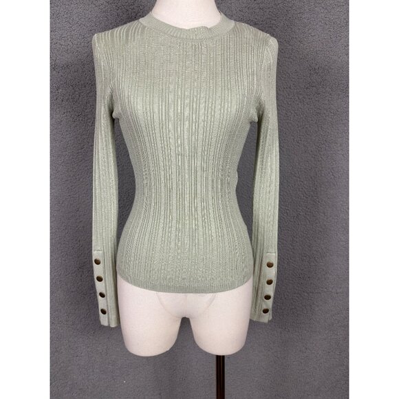 Hooked Up Ribbed Sage Green Sweater M Fine G Swtr Long Sleeve Button Cuffs Fitte - Picture 1 of 8